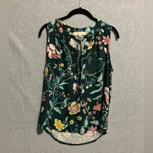LOFT Floral Dark Green Sleeveless Tie Neck Blouse Botanical Boho Top Sz L